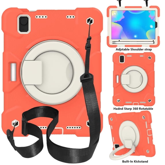 ELEHOLD Military Grade Shockproof Case For iPad mini (6th Generation), Heavy Duty Protection Ring Stand Cover, Adjustable Angel, Detachable Shoulder Strap, Pencil Holder, Coral Orange