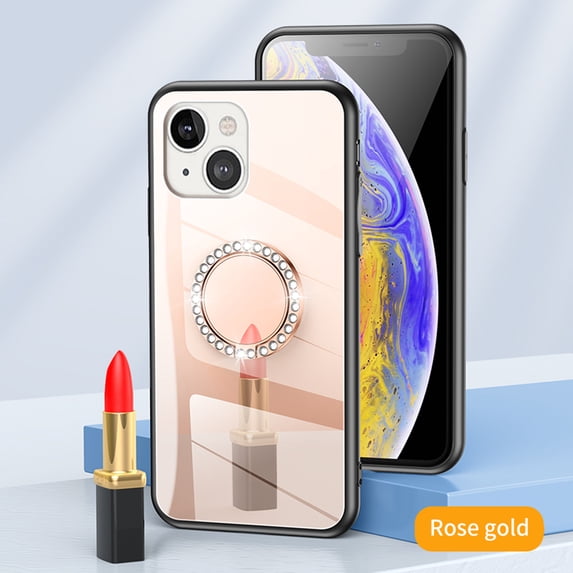 ELEHOLD Mirror Case for iPhone 15 Plus, Makeup Mirror Back Bling Glitter Diamond Ring Holder Kickstand Shockproof Protective Cover for Women Girls iPhone 15 Plus 6.7" Case,Rosegold