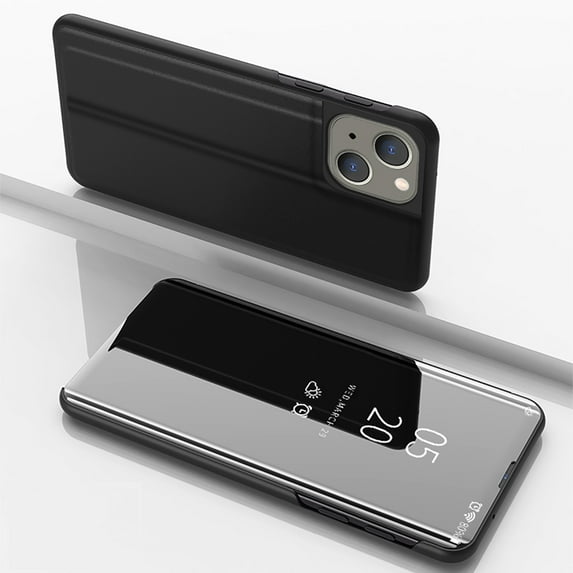 ELEHOLD Mirror Vertical Flip Case for iPhone 15 Full Body Protection Curved Streamer Plating Fashion Kickstand Function Anti-Scratch Shockproof Case for iPhone 15 -6.1",Black