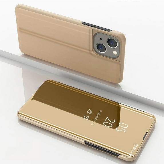 ELEHOLD Mirror Vertical Flip Case for iPhone 15 Plus Full Body Protection Curved Streamer Plating Fashion Kickstand Function Anti-Scratch Shockproof Case for iPhone 15 Plus 6.7",Gold