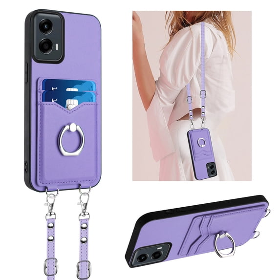 ELEHOLD for Moto G 5G (2024) Wallet Case,Soft PU Leather 360°Rotation Ring Kickstand Card Holder Anti-Drop Shockproof Protective Case with Crossbody Strap for Moto G 5G (2024),Purple