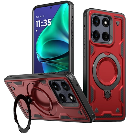 ELEHOLD For Moto G 5G(2025) Ergonomic Design Military Grade Shockproof Protective Case Magnetic Ring Stand Rugged Cover, Non-Slip, Support Wireless Charging, Red