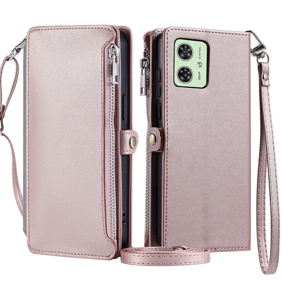 ELEHOLD for Moto G Play 4G 2024 Case, Full Body Protection Crossbody Flip Zipper Credit Card Slot Wallet Case Kickstand Shockproof Leather Case with Shoulder Strap and Wrist Strap, Rosegold