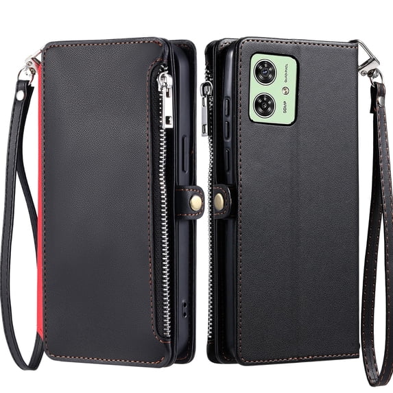 ELEHOLD for Moto G Play 4G 2024 Case, Full Body Protection Crossbody Flip Zipper Credit Card Slot Wallet Case Kickstand Shockproof Leather Case with Shoulder Strap and Wrist Strap, Black