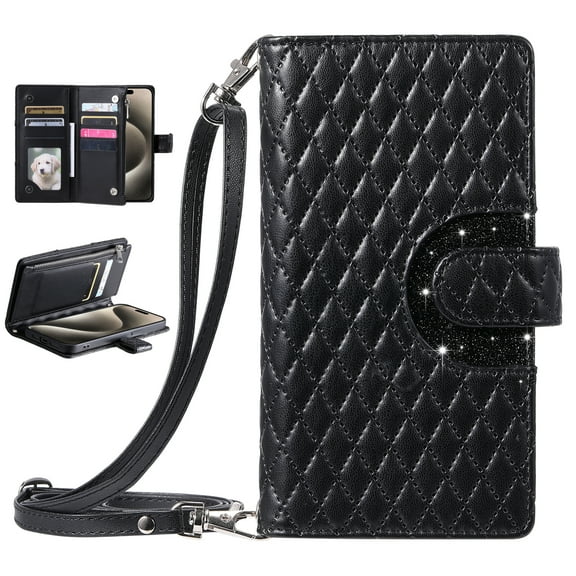 ELEHOLD for Moto G Power 2022 Wallet Case Crossbody for Women, Moto G Power 2022 Zipper Phone Case with  RFID Blocking 9 Card Slots Wrist Strap, Glitter PU Leather Flip Phone Case,Black