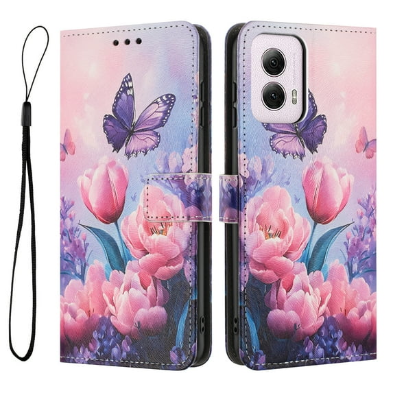 ELEHOLD For Moto G Power 5G 2024 Floral Embossed PU Leather Wallet Case,Magnetic Flip Folio Card Slots, Kickstand Wallet Case Cover with Wrist Strap,B