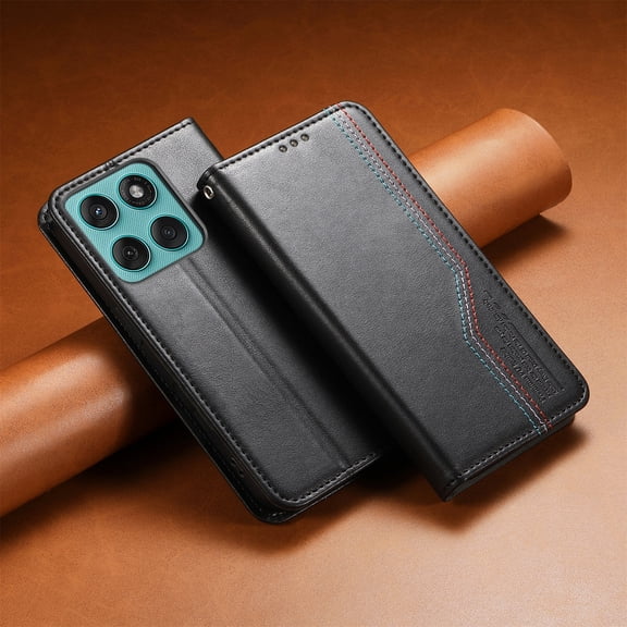 ELEHOLD For Motorola Edge (2025) Wallet Case with Wristband, Vintage Faux Leather TPU Cover Card Cash Slot Magnetic Closure Stand Shockproof Wallet Case For Motorola Edge (2025) ,Black