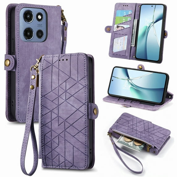 ELEHOLD For Motorola G Stylus 5G (2025) Flip Wallet Case, Shockproof Premium Vintage PU Leather Magnetic Geometric Handbag Zipper Pocket Card Holders Kickstand Wrist Strap ,Purple