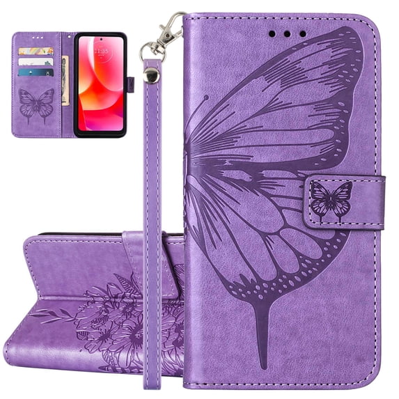 ELEHOLD for Motorola Moto G (2023) Case Wallet with Wrist Strap, Butterfly Embossed PU Leather Folio Flip Case with Magnetic Closure Credit Card Holder Kickstand,Purple