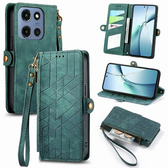 ELEHOLD For Motorola Moto G (2025) Flip Wallet Case, Shockproof Premium Vintage PU Leather Magnetic Geometric Handbag Zipper Pocket Card Holders Kickstand Wrist Strap ,Green