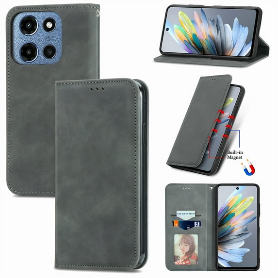 ELEHOLD For Motorola Moto G (2025) Premium Leather Wallet Case,Card Slots Magnetic Closure Full Protection Flip Shockproof Wallet Case Cover For Motorola Moto G (2025) ,Gray