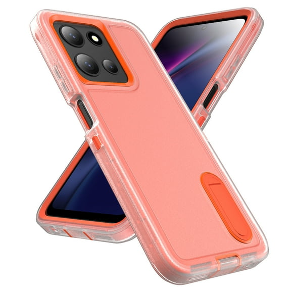 ELEHOLD for Motorola Moto G (2025) Rugged Protective Case Multi Layer Shockproof Hidden Kickstand Hybrid Silicone Hard PC Cover for Motorola Moto G (2025),Clear+Orange
