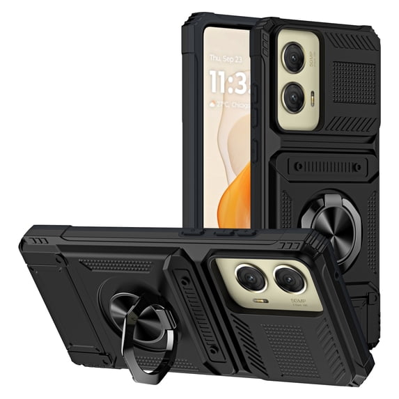ELEHOLD for Motorola Moto G Play 4G 2024 Rugged Hard Case with Metal Ring Holder Kickstand Work with Magnetic Car Mount Hidden Card Slot Pocket Shockproof Anti-Drop Armor Protective Cover,Black