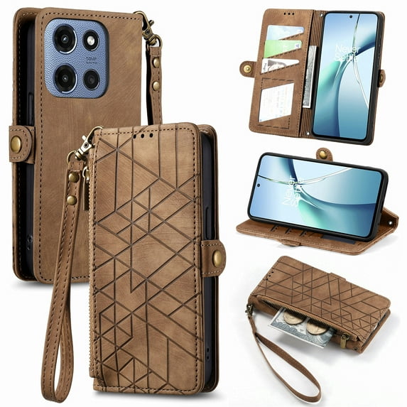 ELEHOLD For Motorola Moto G Power (2025) Flip Wallet Case, Shockproof Premium Vintage PU Leather Magnetic Geometric Handbag Zipper Pocket Card Holders Kickstand Wrist Strap ,Brown