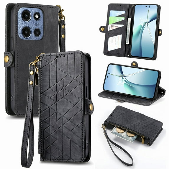 ELEHOLD For Motorola Moto G Power (2025) Flip Wallet Case, Shockproof Premium Vintage PU Leather Magnetic Geometric Handbag Zipper Pocket Card Holders Kickstand Wrist Strap ,Black