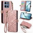 thumbnail image 1 of ELEHOLD For Motorola Moto G Power (2025) Flip Wallet Case, Shockproof Premium Vintage PU Leather Magnetic Geometric Handbag Zipper Pocket Card Holders Kickstand Wrist Strap ,Pink, 1 of 9