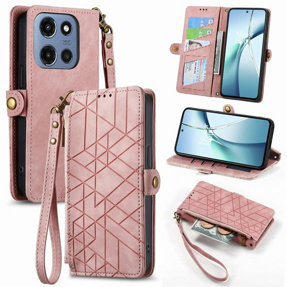 ELEHOLD For Motorola Moto G Power (2025) Flip Wallet Case, Shockproof Premium Vintage PU Leather Magnetic Geometric Handbag Zipper Pocket Card Holders Kickstand Wrist Strap ,Pink