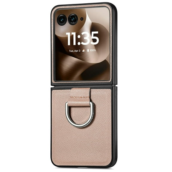 ELEHOLD for Motorola Motorola Razr 2024 Leather Case Cover, with Metal Finger Ring Holder Slim Lightweight Shockproof Non-Slip Case for Motorola Motorola Razr 2024,Khaki