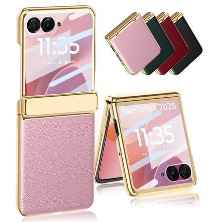ELEHOLD for Motorola Razr 2026/2025/2024 Case with Built-in Screen Protector Hinge Protection, Slim Fit Plating Leather Non-Slip Shockproof Protective Cover,Pink