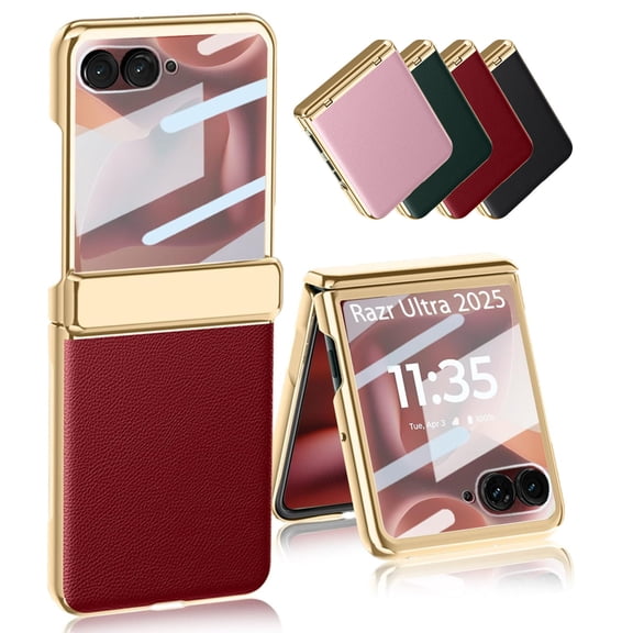 ELEHOLD for Motorola Razr 2026/2025/2024 Case with Built-in Screen Protector Hinge Protection, Slim Fit Plating Leather Non-Slip Shockproof Protective Cover,Red
