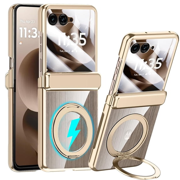 ELEHOLD For Motorola Razr 2025/2024 with Front Screen Protector,360° Rotating Ring Kickstand Magnetic Mag-Safe Compatible Clear Cover with Hinge Protector Anti-Yellow PC Back,Gold