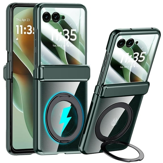 ELEHOLD For Motorola Razr 2025/2024 with Front Screen Protector,360° Rotating Ring Kickstand Magnetic Mag-Safe Compatible Clear Cover with Hinge Protector Anti-Yellow PC Back,Green