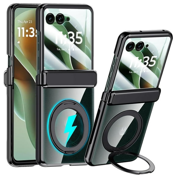 ELEHOLD For Motorola Razr 2025/2024 with Front Screen Protector,360° Rotating Ring Kickstand Magnetic Mag-Safe Compatible Clear Cover with Hinge Protector Anti-Yellow PC Back,Black