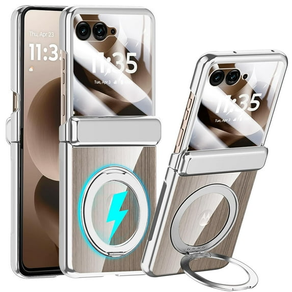 ELEHOLD For Motorola Razr 2025/2024 with Front Screen Protector,360° Rotating Ring Kickstand Magnetic Mag-Safe Compatible Clear Cover with Hinge Protector Anti-Yellow PC Back,Silver