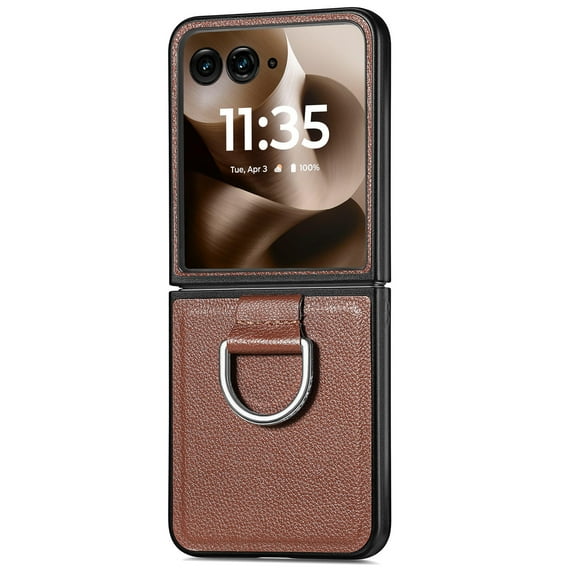 ELEHOLD for Motorola Razr Ultra 2025 / Motorola Razr 60 Ultra Leather Case Cover, with Metal Finger Ring Holder Slim Lightweight Shockproof Non-Slip Case ,Brown