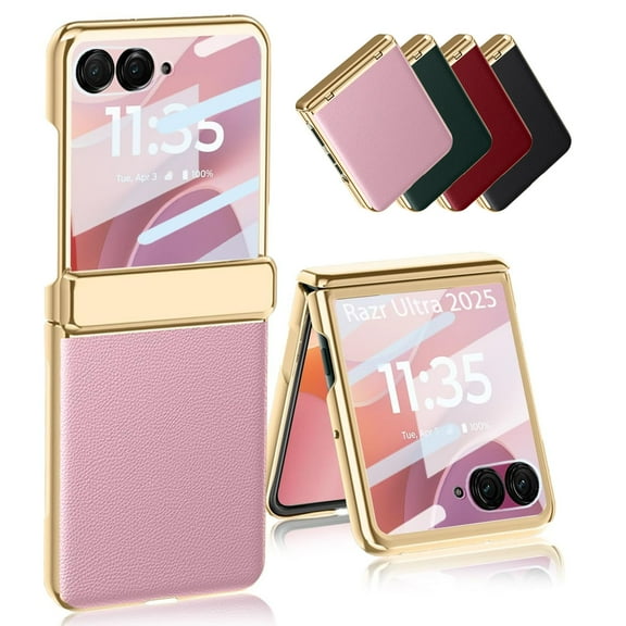 ELEHOLD for Motorola Razr Ultra 2025/Razr 60 Ultra Case with Built-in Screen Protector Hinge Protection, Slim Fit Plating Leather Non-Slip Shockproof Protective Case Cover,Pink