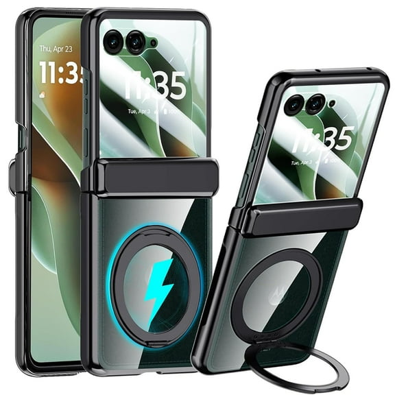 ELEHOLD For Motorola Ultra 2025/Razr 60 Ultra with Front Screen Protector,360° Rotating Ring Kickstand Magnetic Mag-Safe Compatible Clear Cover with Hinge Protector Anti-Yellow PC Back,Black