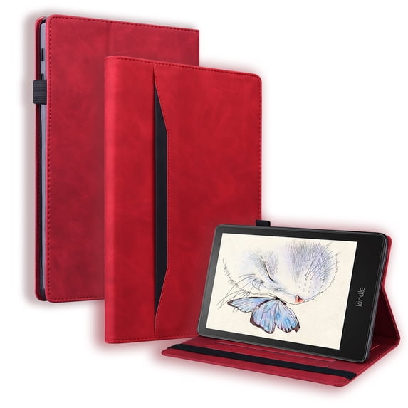 ELEHOLD Multi-Angle Leather Case for Kindle Paperwhite 7 inch Universal/Signature Edition 12th/Colorsoft Signature 2024 Release with Card Slots Kickstand Shockproof Business Case,Red