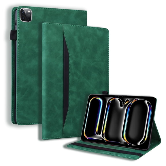 ELEHOLD Multi-Angle Stand Leather Case for iPad Pro 13-inch (M5) 2025 with Card Slots Kickstand Shockproof Business Men Women Case for iPad Pro 13 2025, Green