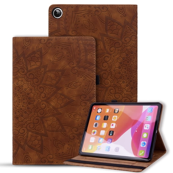 ELEHOLD Multi-Functional Flip Leather Case for Samsung Galaxy Tab S9/S9 FE/S8/S7 with Embossed Flower Card Slots Holders Kickstand Anti-Scratch Shockproof Business Men Women Case,Brown