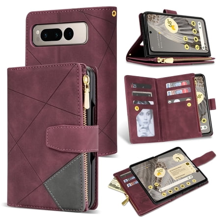 ELEHOLD Multi-Functional Leather Wallet Case for Google Pixel Fold,Large Capacity 9 Card Slots Zipper Pocket Kickstand Magnetic Clasp Lanyard Shockproof Flip Case, Winered