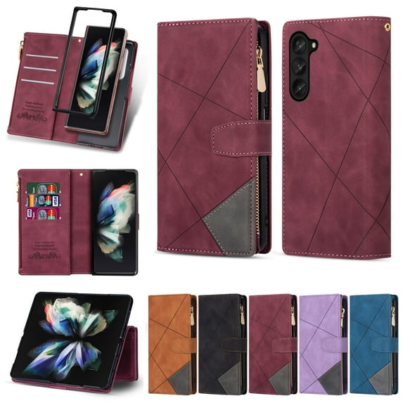 ELEHOLD Multi-Functional Leather Wallet Case for Samsung Galaxy Z Fold 5,Large Capacity 9 Card Slots Zipper Pocket Kickstand Magnetic Clasp Lanyard Shockproof Flip Case for Galaxy Z Fold 5,Winered