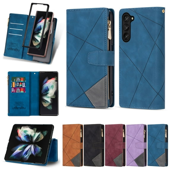 ELEHOLD Multi-Functional Leather Wallet Case for Samsung Galaxy Z Fold 7,Large Capacity 9 Card Slots Zipper Pocket Kickstand Magnetic Clasp Lanyard Shockproof Flip Case for Galaxy Z Fold 7,Blue