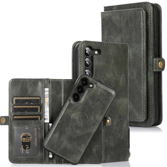 ELEHOLD Multi-Functional Wallet Case for Samsung Galaxy A14 5G with Card Slots Dual-Use Detachable Phone Case Magnetic Function Wriststrap Shockproof Wallet Case,Darkgreen