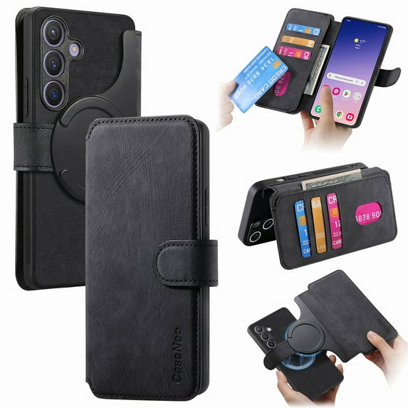 ELEHOLD Multi-Functional Wallet Case for Samsung Galaxy A55,Magnetic Detachable Card Holders PU leather Case RFID Blocking Function Flip Shockproof Stand Cover Business Style for Women Men,Black