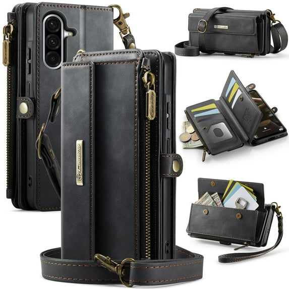 ELEHOLD Multi-Functional Wallet Case For Samsung Galaxy A56 5G, PU Leather Shockproof Card Slots Zipper Pocket Card Holder Phone Case with Detachable Shoulder Strap,Black