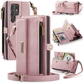 thumbnail image 1 of ELEHOLD Multi-Functional Wallet Case For Samsung Galaxy S22, PU Leather Shockproof Card Slots Zipper Pocket Card Holder Phone Case with Detachable Shoulder Strap,Pink, 1 of 10