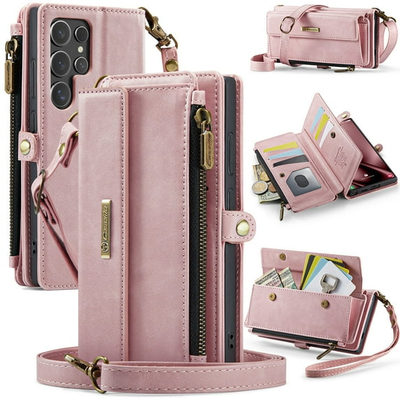 ELEHOLD Multi-Functional Wallet Case For Samsung Galaxy S22, PU Leather Shockproof Card Slots Zipper Pocket Card Holder Phone Case with Detachable Shoulder Strap,Pink