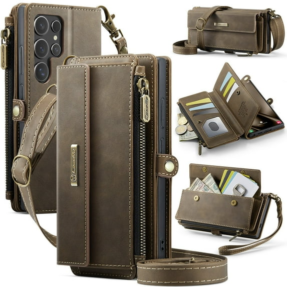 ELEHOLD Multi-Functional Wallet Case For Samsung Galaxy S22, PU Leather Shockproof Card Slots Zipper Pocket Card Holder Phone Case with Detachable Shoulder Strap,Coffee