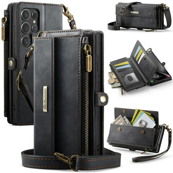 ELEHOLD Multi-Functional Wallet Case For Samsung Galaxy S22, PU Leather Shockproof Card Slots Zipper Pocket Card Holder Phone Case with Detachable Shoulder Strap,Black