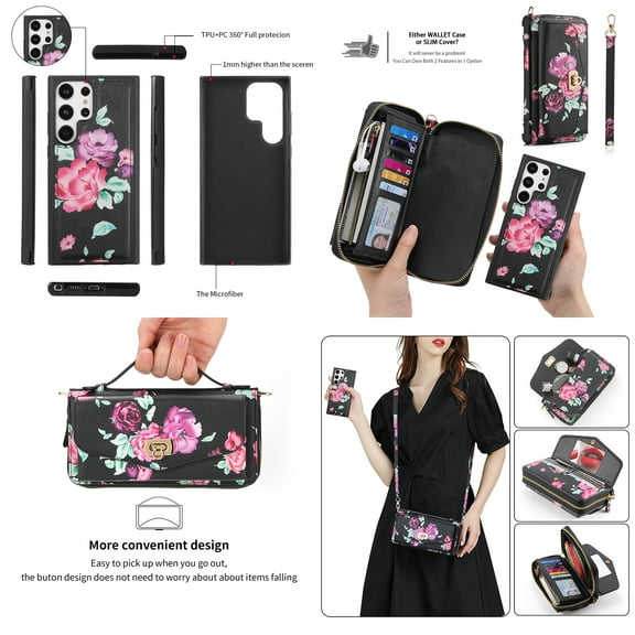 ELEHOLD Multi-Functional Wallet Case for Samsung Galaxy S23 6.1", Large Capacity 14 Card Slots Magnetic Detachable Phone Case with Wristband Shoulder Strap Luxury Flower Purse Case, Black