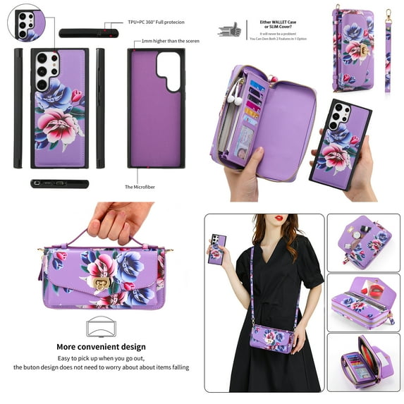 ELEHOLD Multi-Functional Wallet Case for Samsung Galaxy S23 6.1", Large Capacity 14 Card Slots Magnetic Detachable Phone Case with Wristband Shoulder Strap Luxury Flower Purse Case, Purple
