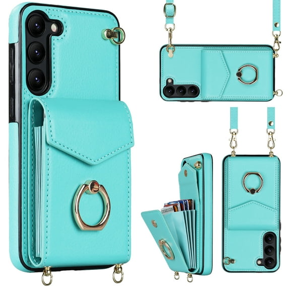 ELEHOLD Multi-Functional Wallet Case for Samsung Galaxy S23 6.1" Organ Card Slots RFID Blocking Ring Stand Wrist Strap Crossbody Shoulder Strap Shockproof Purse Case,Mint