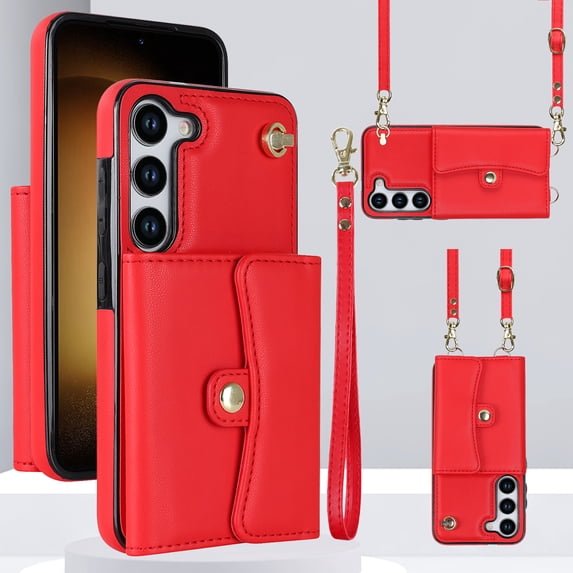 ELEHOLD Multi-Functional Wallet Case for Samsung Galaxy S23 6.1" Organ Card Slots RFID Blocking Stand Function Wrist Strap Crossbody Shoulder Strap Shockproof Purse Case,Red