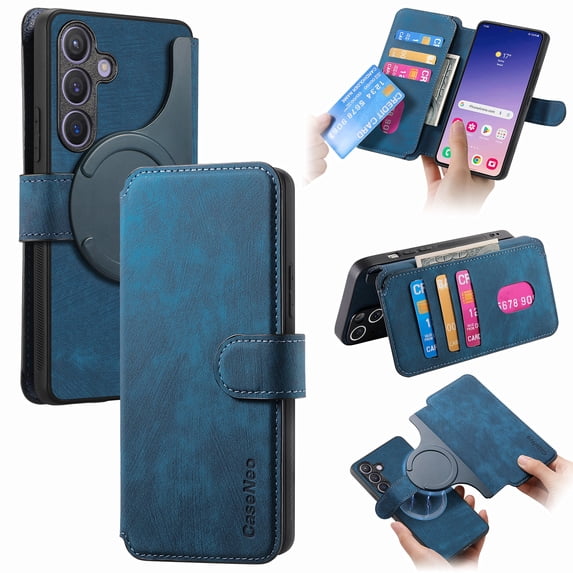 ELEHOLD Multi-Functional Wallet Case for Samsung Galaxy S23 FE,Magnetic Detachable Card Holders PU leather Case RFID Blocking Function Flip Shockproof Stand Cover Business Style for Women Men,Blue