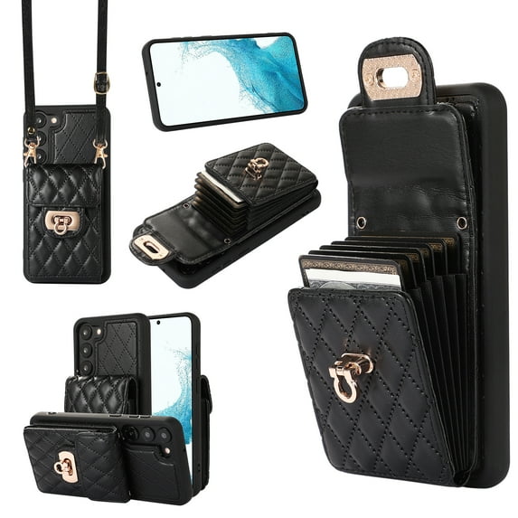 ELEHOLD Multi-Functional Wallet Case for Samsung Galaxy S23 Organ Card Holders Argyle Pattern PU Leather Metal Snap with Crossbody Strap Shockproof Elegant Purse Case for Galaxy S23,Black